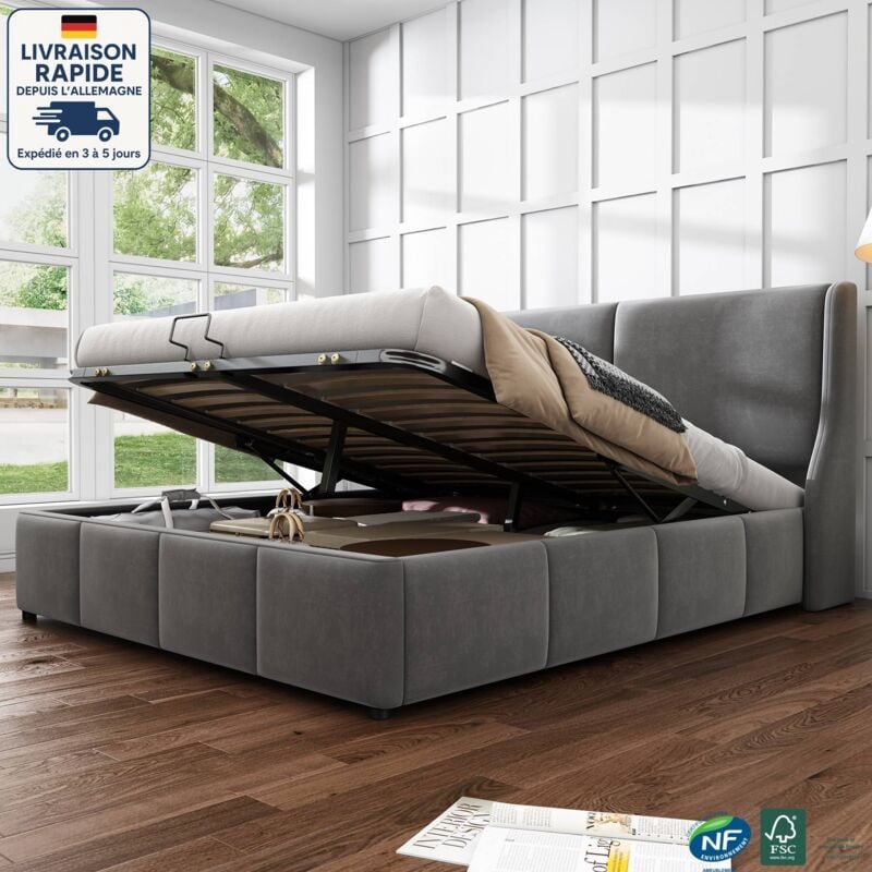 Lit coffre, lit double en velours, sommier à lattes, sans matelas, lit adulte, gris, 140x190cm