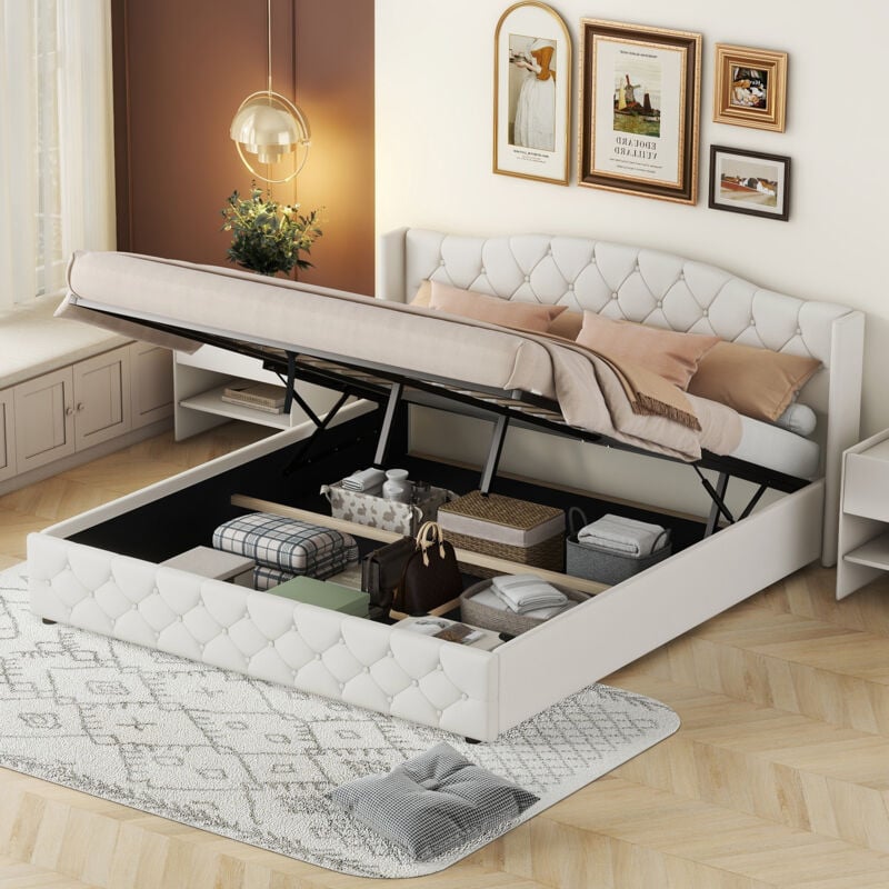 Lit coffre 180x200cm, lin, sans matelas, lit adulte, sommier à lattes, lit double, beige
