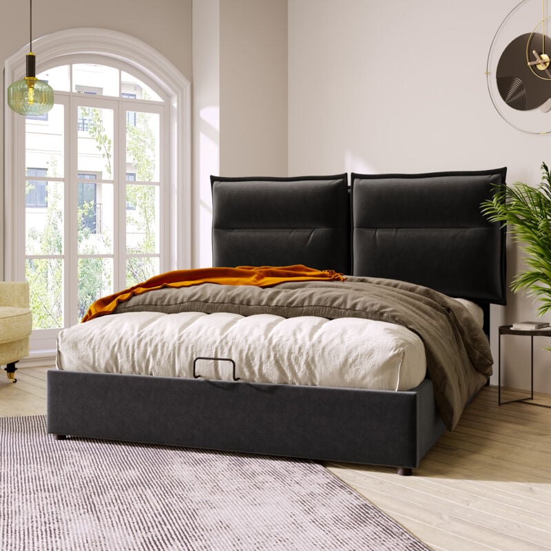 Wishdor - Lit coffre Lit double 140 x 200 cm. structure métallique. Velours. Noir. Matelas Inclus