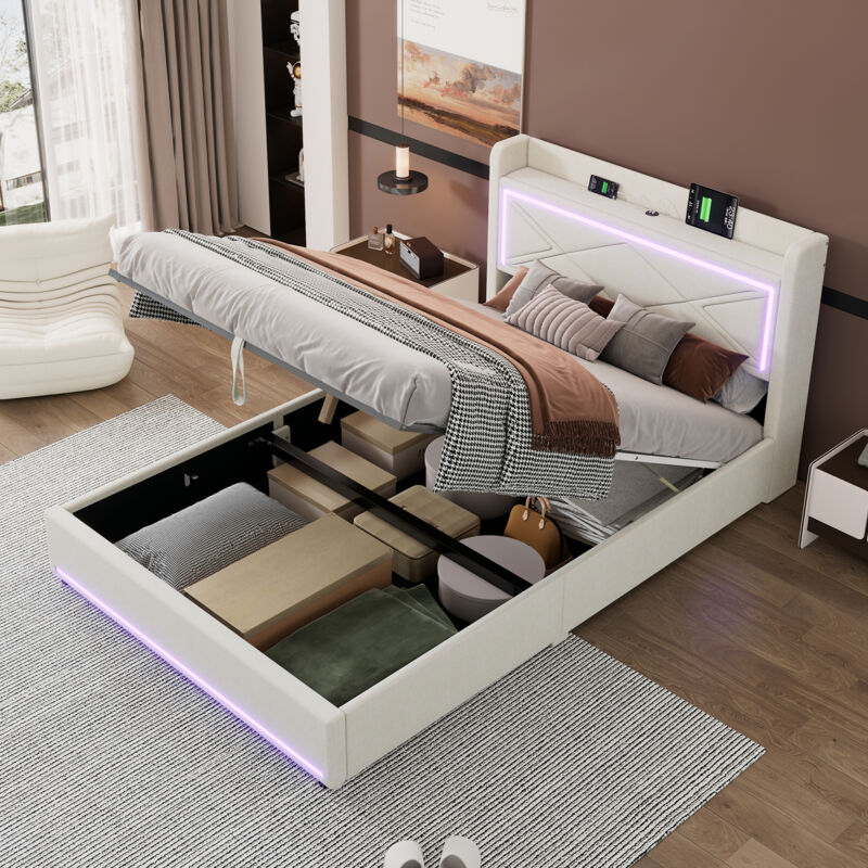 Modfu - Lit coffre, lit double led, lin, sans matelas, usb, lit adulte, beige, 140x200cm