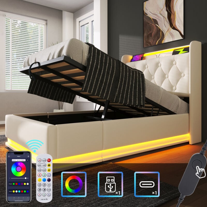 Modfu - Lit coffre 90x200cm, simili cuir, lit simple led, usb, Type-C, lit adulte, blanc, sans matelas