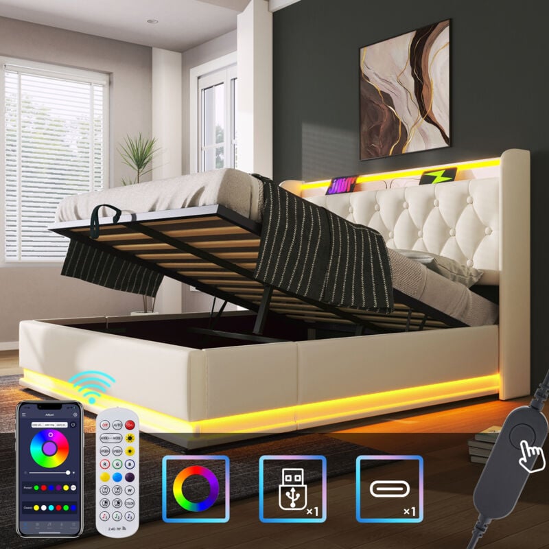 Lit coffre, sans matelas, lit double LED, USB, Type-C, blanc, 160x200cm, simili cuir