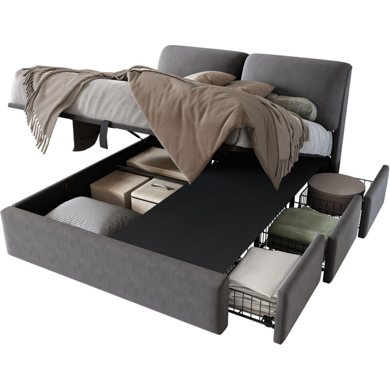 Lit coffre Lit double Lit adulte 140x190 cm avec rangement hydraulique avec 3 tiroirs - Tête de lit - sommier inclus - velours - gris
