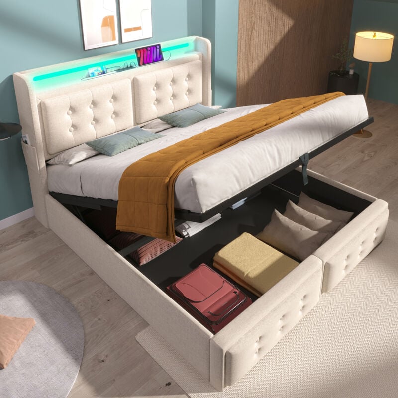 Lit coffre Lit double Lit adulte 160 x 200 cm avec tête de lit led et fonction de chargement usb c, en coton, beige, sans matelas