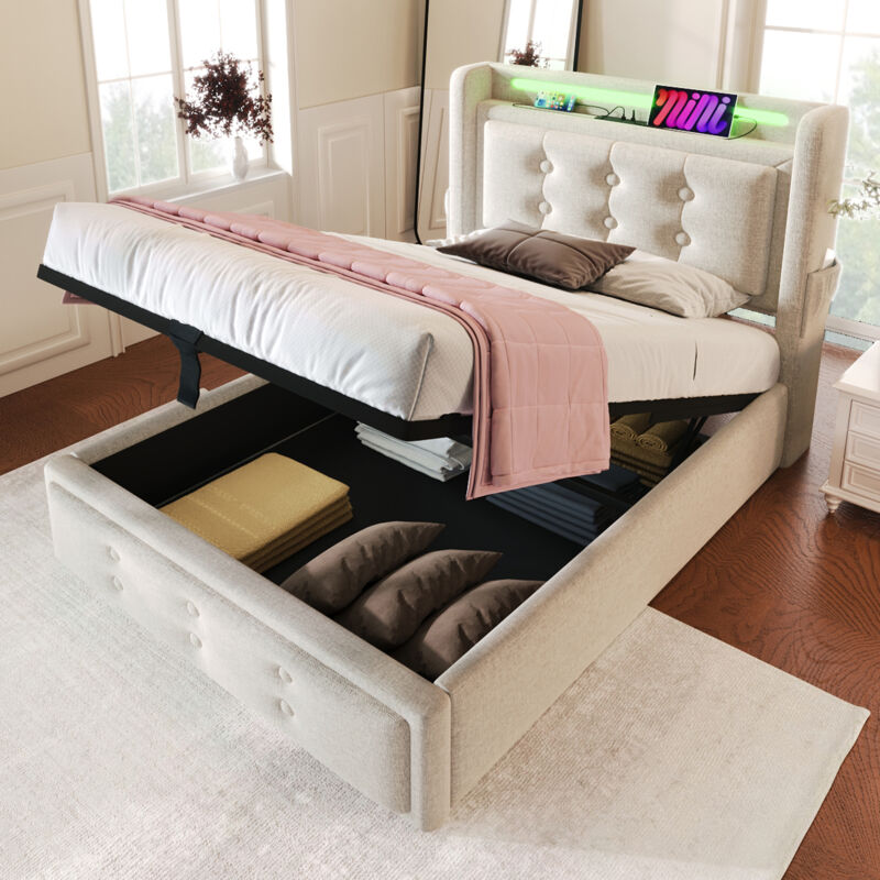 Wishdor - Lit coffre Lit simple Lit adulte 90 x 200 cm avec tête de lit led et fonction de chargement usb c, en coton, beige, sans matelas