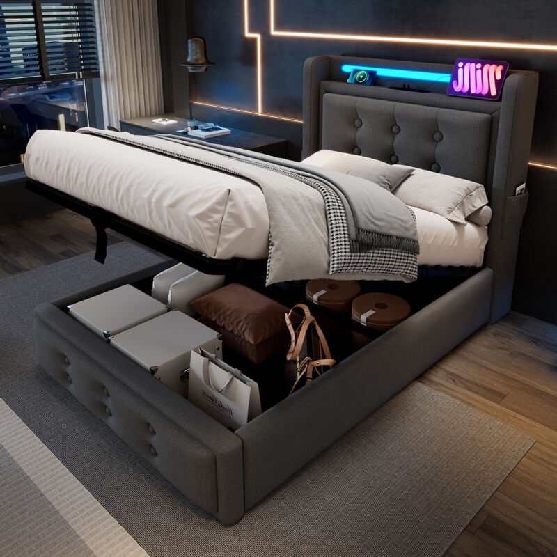 Wishdor - Lit coffre Lit simple Lit adulte 90 x 200 cm avec tête de lit led et fonction de chargement usb c, en coton, gris, sans matelas