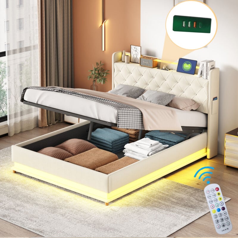 Lit coffre Lit double Lit adulte Lit led 140 x 200 cm avec port de chargement usb, tissu en lin doux pour la peau, beige