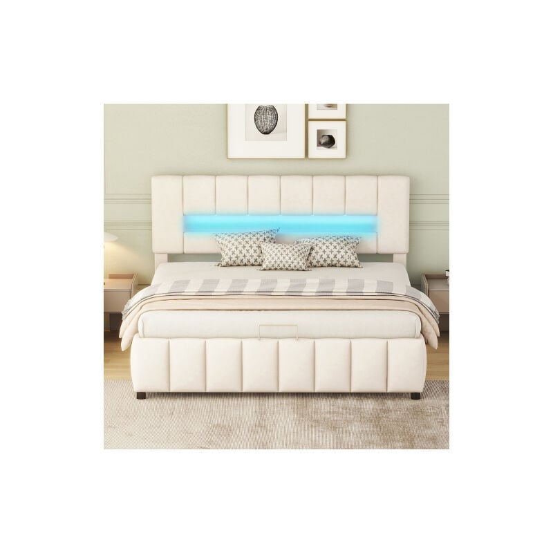 Lit coffre Lit double, lit capitonné, lit familial, lit plateforme avec éclairage led, cadre de lit moderne avec espace de rangement, beige,