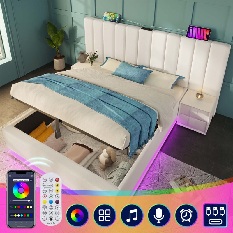 Modfu - Lit coffre 180x200cm, lit double pour adultes, tête de lit allongée, usb, led, sans matelas, pu, blanc