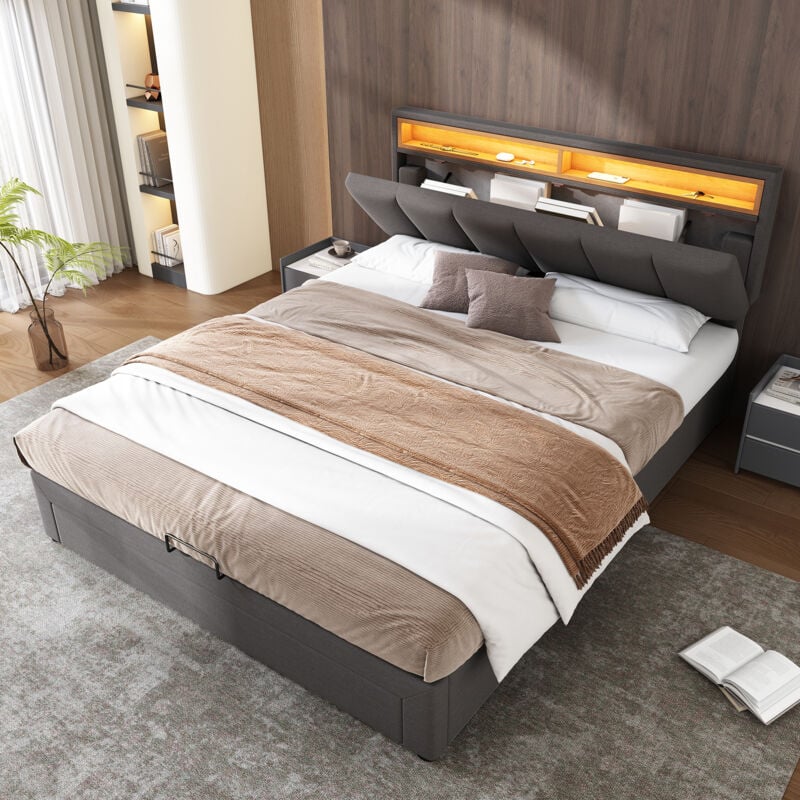 Wishdor - Lit 140x190 cm, lit d'adolescent, lit coffre 140x190 cm avec tête de lit de rangement, éclairage led, tiroirs, lin, gris, sans matels