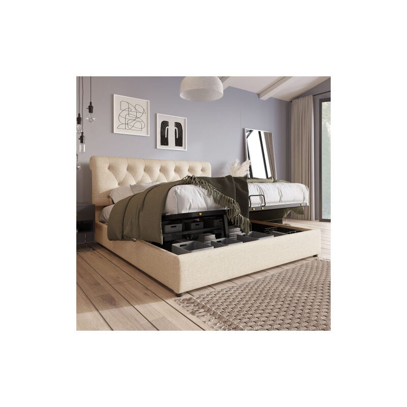 Lit coffre Lit capitonné Lit adulte 140 x 200 cm avec tête de lit réglable, gris clair, sans matelas