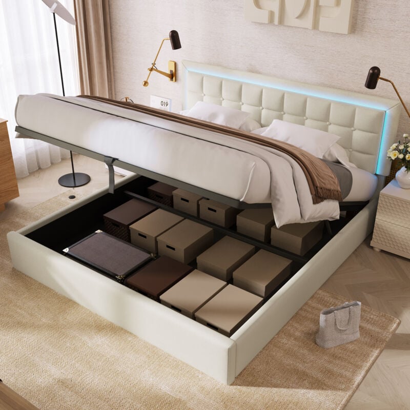 Lit coffre 180x200 cm, lit capitonné avec sommier à lattes et LED, en similicuir, blanc, sans matelas