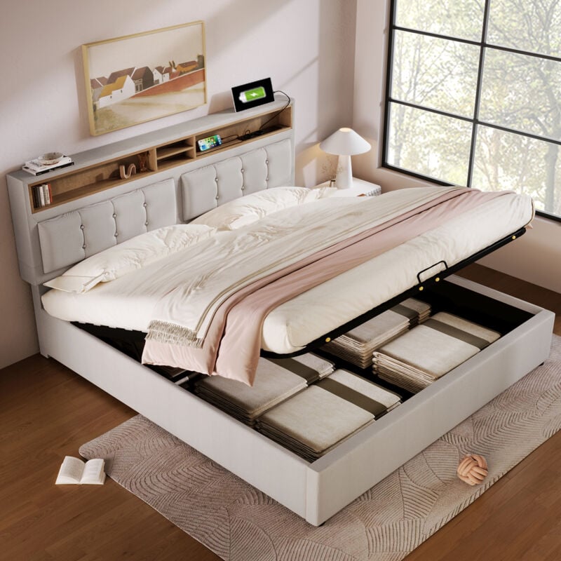 Lit coffre 160x200 cm, lit coffre capitonné 160x200 cm avec tête de lit rangement et prise usb, en lin, beige, sans matelas