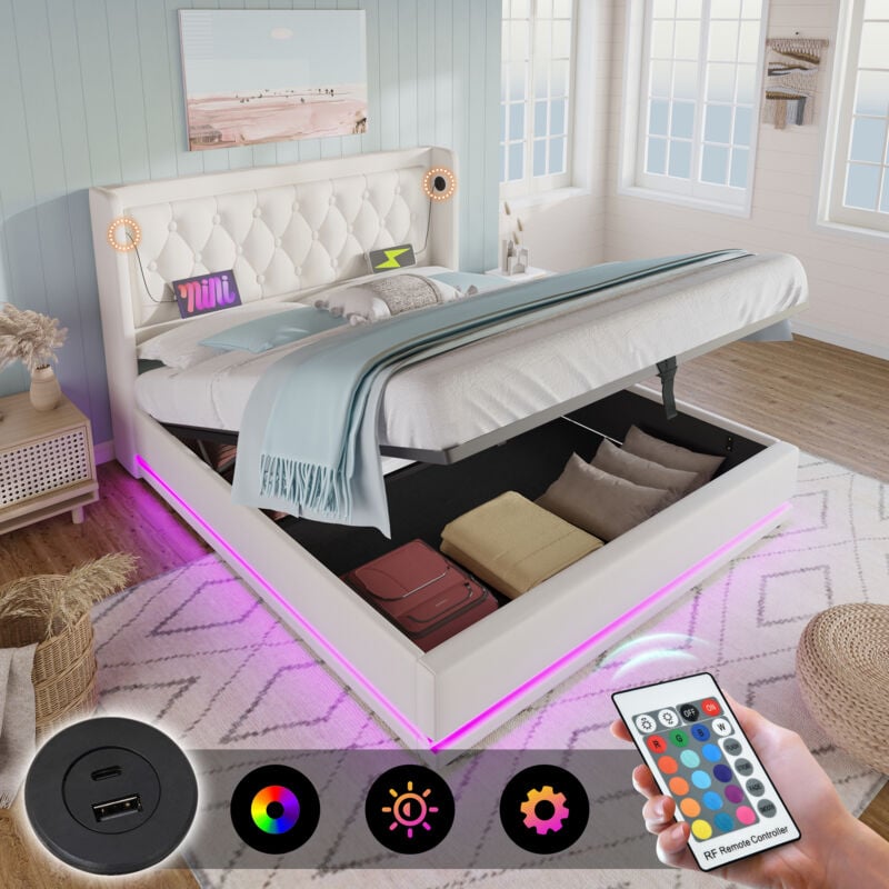 Modfu - Lit coffre 180x200cm Lit doubles pour adultes/enfants, hydrauliques, usb, led, pu, ​​sans matelas, blanc