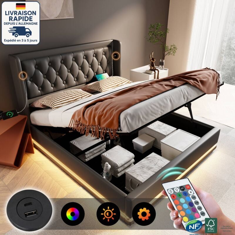 Lit coffre 160x200cm Lit doubles pour adultes/enfants, hydrauliques, usb, led, pu, sans matelas, noir