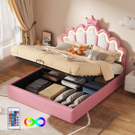Lit coffre Lit enfant capitonné 140 x 200 cm avec lumière d'ambiance réglable, rose