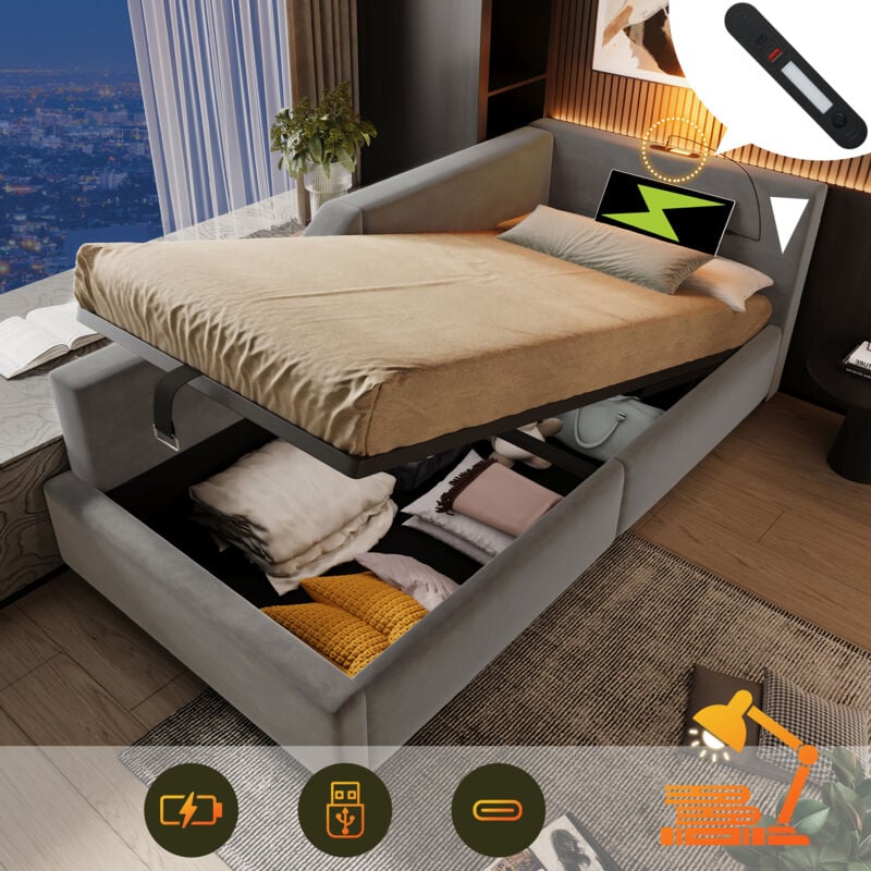 Lit coffre Lit enfant Lit simple 90 x 190 cm avec fonction lampe de lecture et chargement usb-c, velours, gris