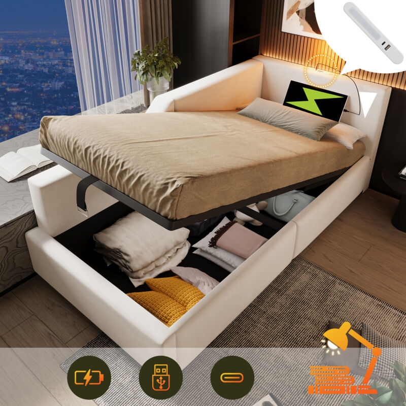 Wishdor - Lit coffre Lit enfant Lit simple 90 x 190 cm avec fonction lampe de lecture et chargement usb-c, velours, beige