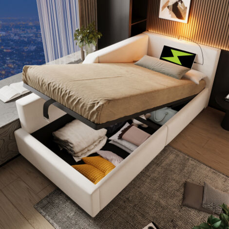 Lit coffre Lit enfant Lit simple 90 x 200 cm avec fonction lampe de lecture et chargement USB-C, velours, beige