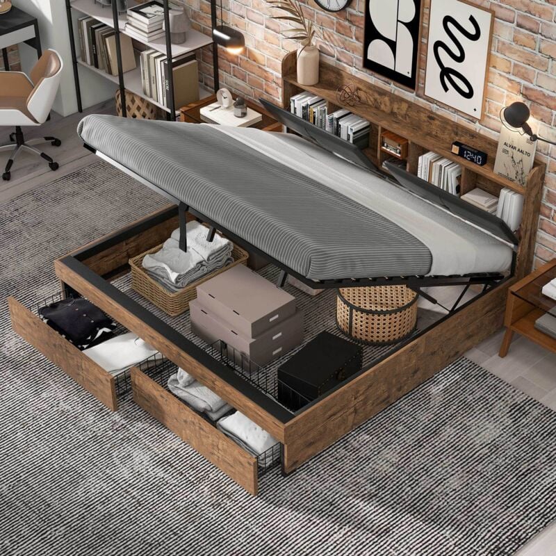 Lit coffre 180 x 200 cm, lit adulte double avec 2 tiroirs, hydraulique, cadre de lit en métal, sans matelas, marron