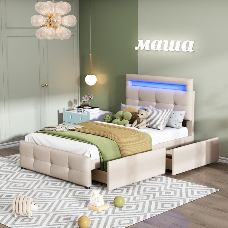 Lit coffre-Lit rembourré 90 x 200 cm avec lumières led, 2 tiroirs, revêtement en lin doux pour la peau, Lit simple- plat, lit d'enfant, lit