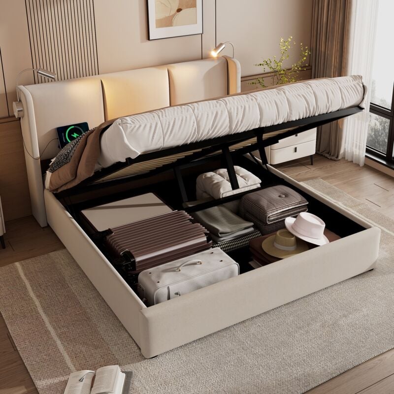 Wishdor - Lit coffre 140x200 cm, lit capitonné beige avec lampe de lecture avec usb tête de lit, lit double en lin, sans matelas