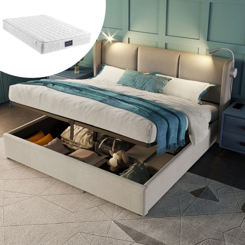 Wishdor - Lit coffre 160x200 cm, lit capitonné beige avec lampe de lecture avec usb tête de lit, lit double en lin, matelas inclus