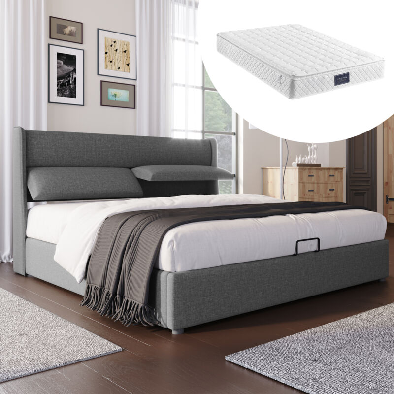 Lit coffre Lit rembourré double 140 x 200 cm avec têtes réglables et sommier à lattes. matelas inclus. gris