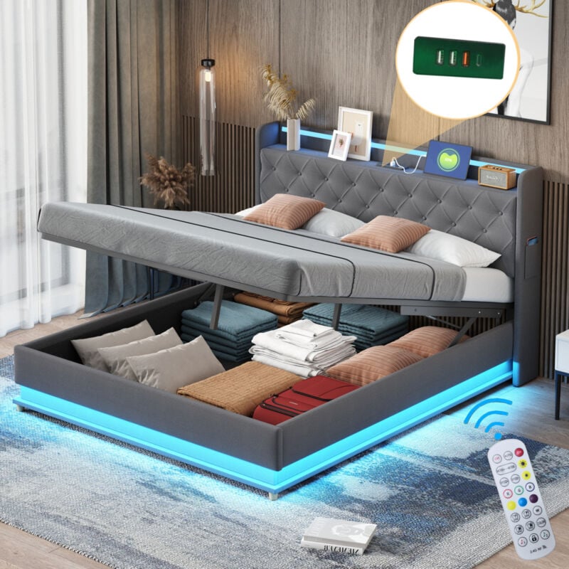 Hauss Spole - Lit coffre, lit rembourré led, avec port de chargement usb, 160x200 cm, lin, gris