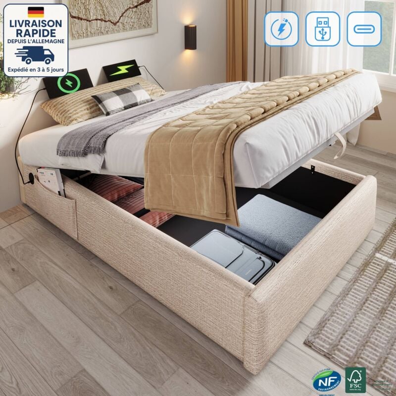 Lit coffre, lit simple avec port usb, sans matelas, coton, lit adulte, sans tête de lit, 90x200, couleur naturelle