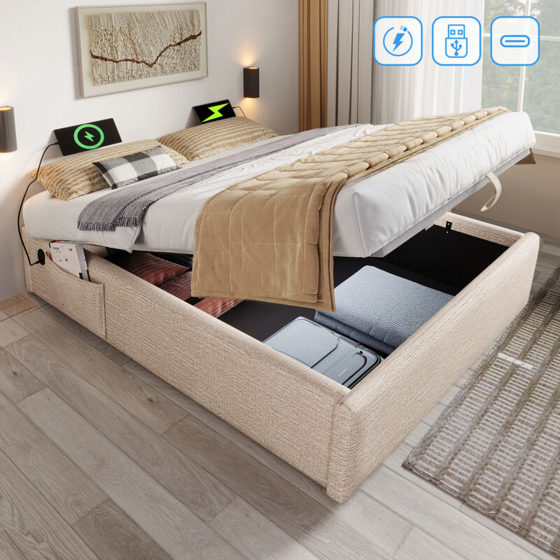 Modfu - Lit coffre, lit adulte sans tête de lit, lit double, usb, lin, sans matelas, 140x200cm, couleur naturelle