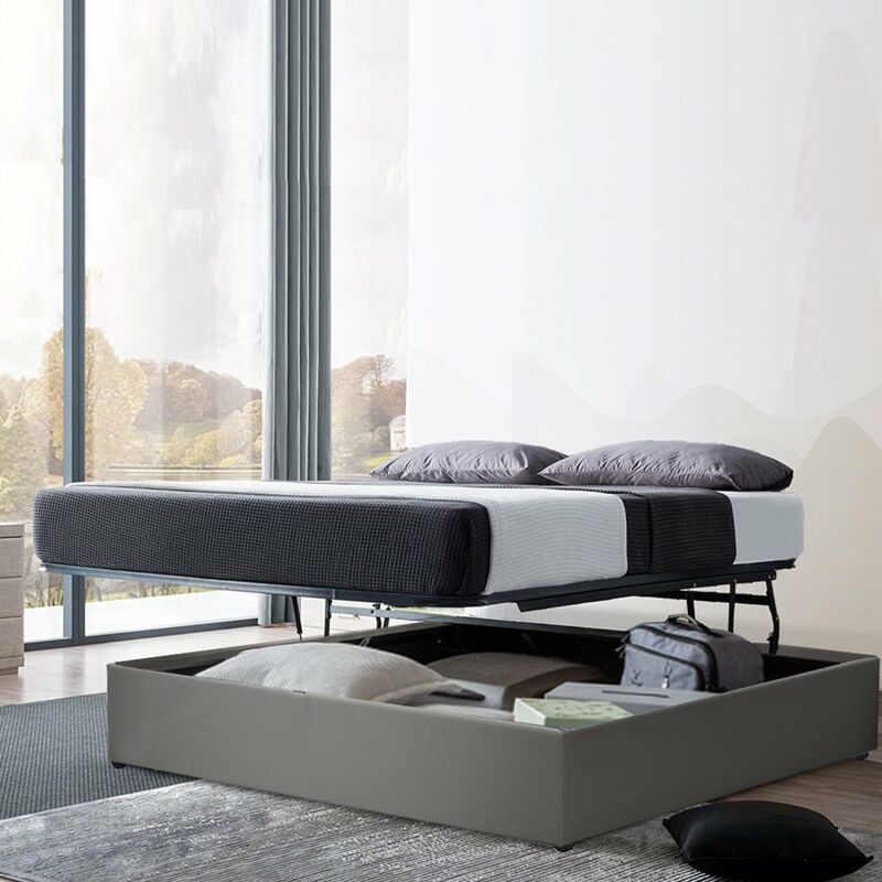 Lit Lounge Gris - Grand coffre de rangement à ouverture horizontale - Design et moderne - Simili cuir et sommier ouverture parallèle - 140x190 cm