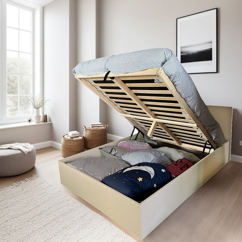 Lit coffre madrid 140x190 + 1 sommier / Beige effet textile/ 196x150x84.5 cm