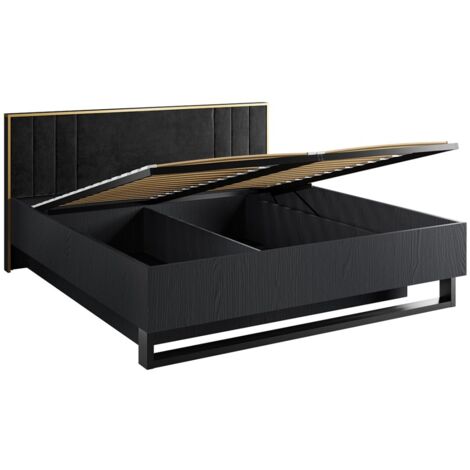 Lit coffre MONDO – 180x200 cm – Noir structuré et doré – Pieds métal – Sommier inclus