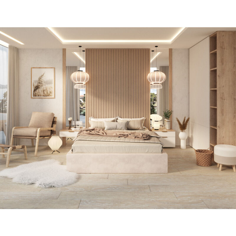 Nova Confort - Lit coffre Orlane 160 x 200 cm avec sommier à lattes relevable Beige Clair