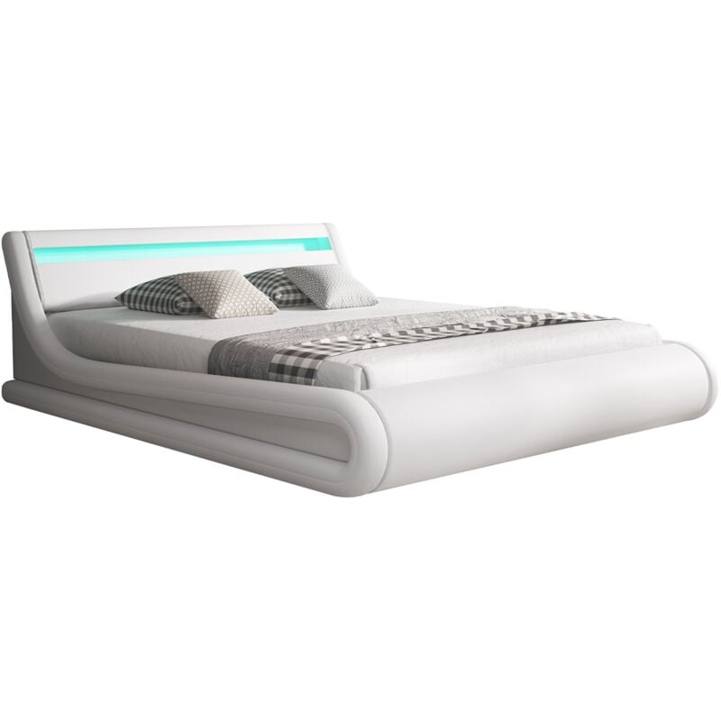 Muebles Bonitos - Lit Coffre pour Matelas Lit Adulte Couleur Blanc avec led Matériaux bois et simili cuir Coffre de rangement Modèle Parisina