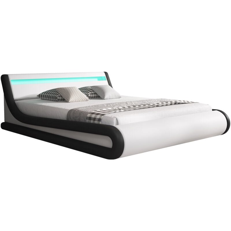 Muebles Bonitos - Lit Coffre pour Matelas Lit Adulte Couleur Blanc et Noir avec led Matériaux bois et simili cuir Coffre de rangement Modèle Parisina