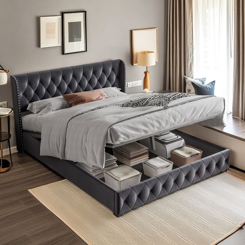 Lit coffre 160x200, Lit adulte 160x200 cm, Lit double avec rangement, Lit capitonné avec Sommier à lattes,Décoration de rivets, Velours, Gris Foncé