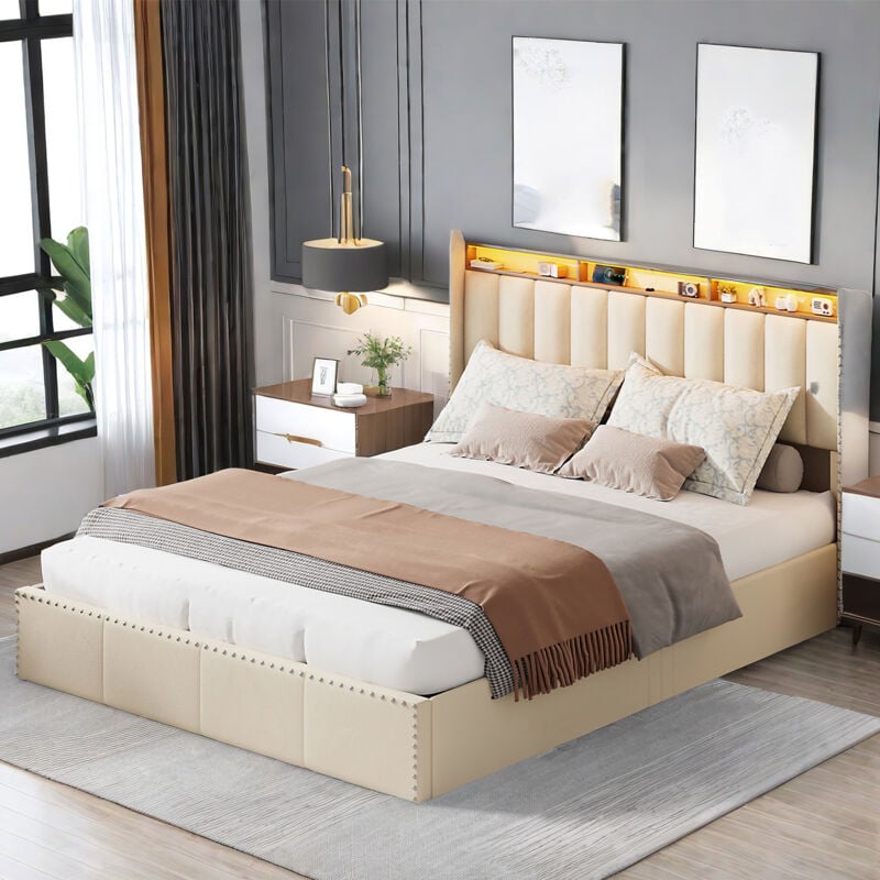 Sureh - Lit coffre 160x200, lit 160x200, Lit rembourré avec sommier, Lit double avec LED,Tête de lit avec rangement,décoration de rivets, tissu en