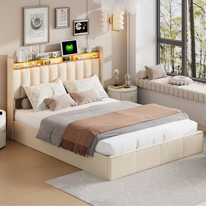 Lit coffre 140x200, Lit rembourré avec sommier, Lit adulte avec led, Lit double avec Tête de lit avec rangement,décoration de rivets, tissu en