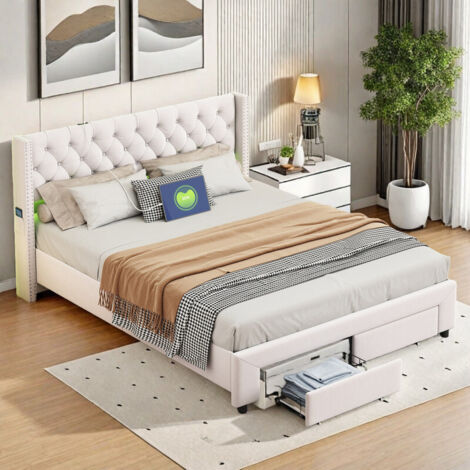 Lit coffre rembourré 140 x 190 avec 2 tiroirs–Lit double beige 140 x 190–Tête de lit avec bandeau lumineux LED–Ports USB et Type-C–Velour beige