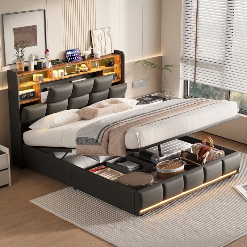 Lit coffre 160x200 cm noir - Lit capitonné en simili cuir avec éclairage LED, espace de rangement hydraulique, sommier à lattes, style contemporain,