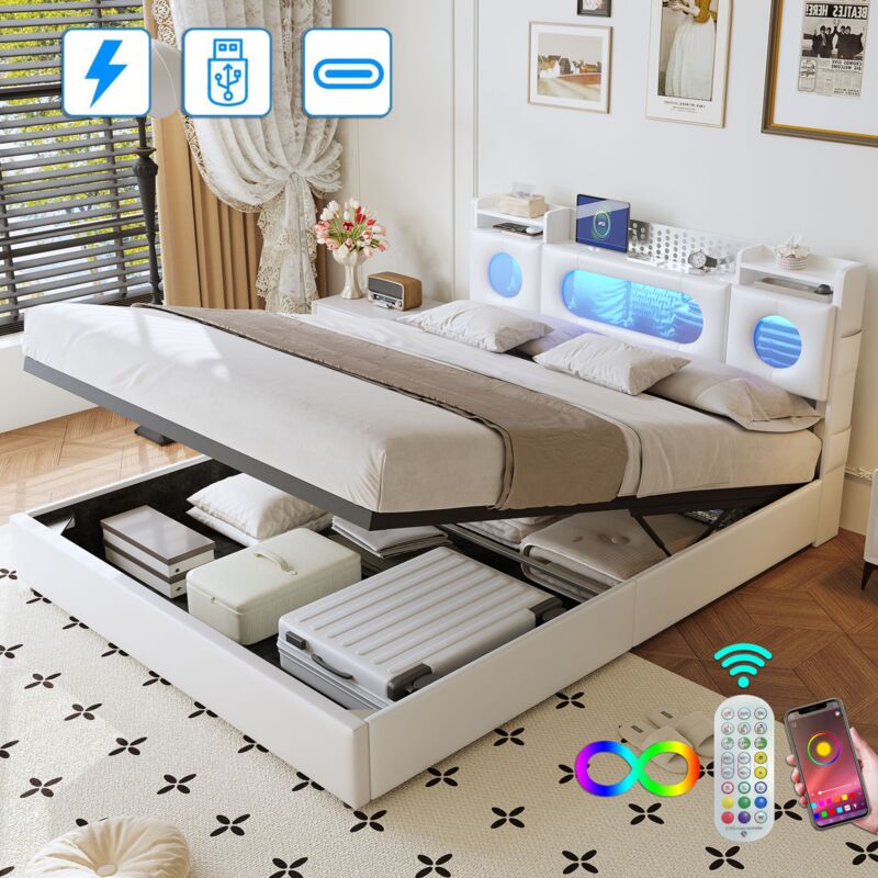 Lit coffre rembourré 160x200 cm, avec tête de lit LED et rangement, charge USB et Type-C, PU, lit pour adolescents - Blanc