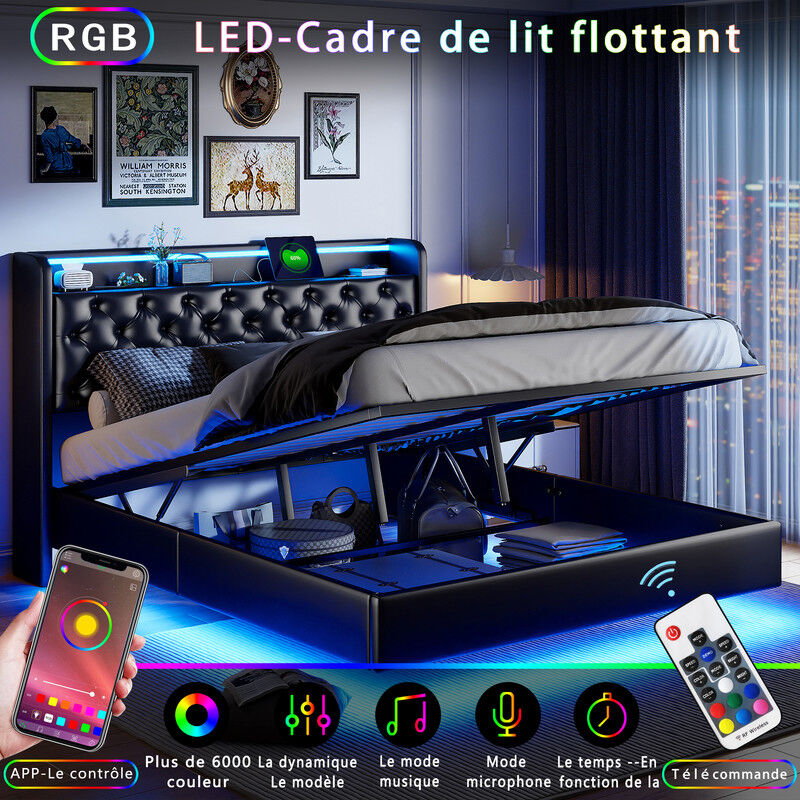 Blanketswarm - Lit Coffre Rembourré 140x200, Lit Hydraulique 2 Places Noir pu, Lit Capitonné avec Sommier Lumières led Réglable, Lit Adulte coffre