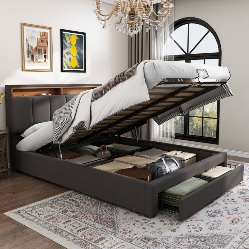 Modernluxe - Lit coffre rembourré 180x200cm en lin avec tiroir et led - tête de rangement - sommier à lattes - Gris