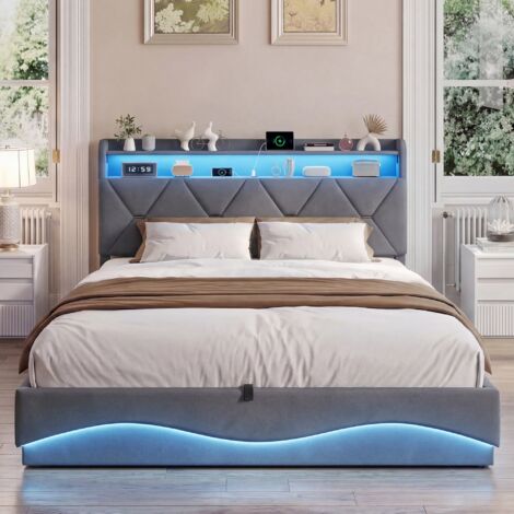 Lit coffre rembourré 160 x 200 cm,Lit double,Lit avec hydraulique,Tête de Lit avec Rangement,Lit 2 place,sommier à lattes,LED et USB,Velours,Gris