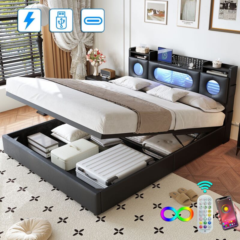 Lit coffre rembourré 140x200 cm, avec tête de lit LED et rangement, charge USB et Type-C, PU, lit pour adolescents - Noir
