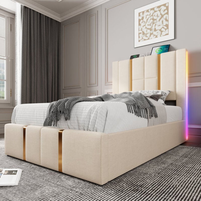 Modernluxe - Lit coffre 90x200 cm rembourré en tissu de lin - avec led et fonction de recharge - avec sommier à lattes - Beige