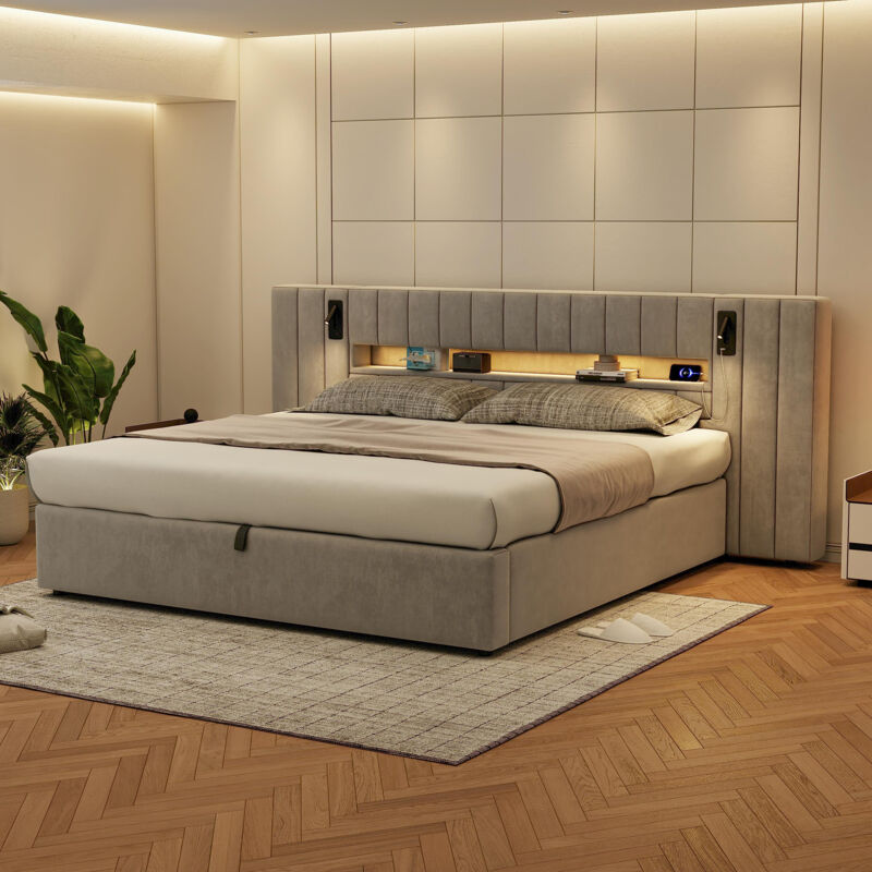 Redom - Lit coffre rembourré 160x200 cm, lit double fonctionnel avec éclairage led, port usb, lampe de chevet, velours, gris (sans matelas)