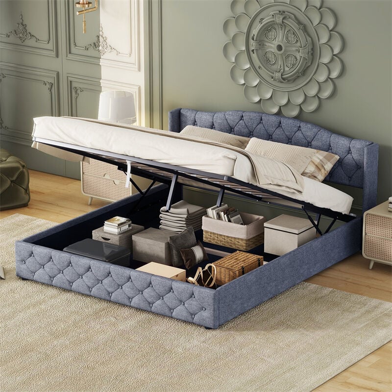 Fortuna Lai - Lit coffre rembourré 180 x 200cm - lit plateforme en lin Système de levage hydraulique sous le coffre, Support à lattes en bois avec